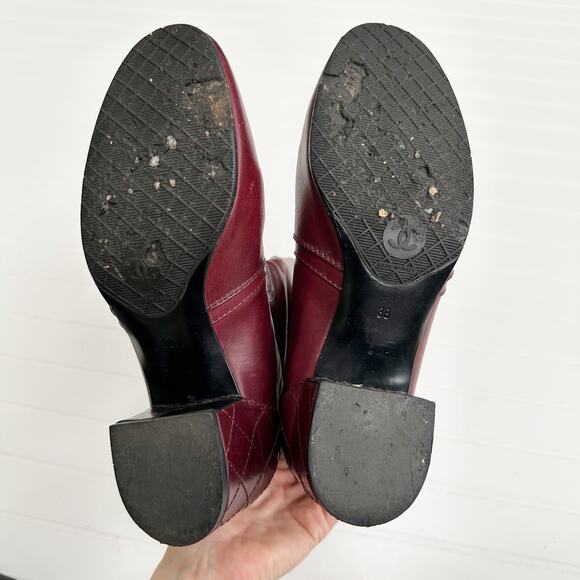 Chanel CC Burgundy Leather CC Quilted Diamond Stitched Block Heel Boots Calf 38 - Picture 8 of 13